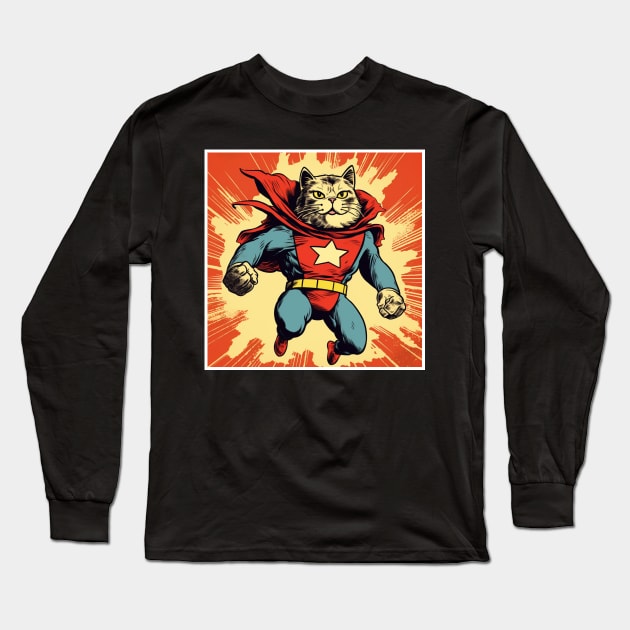 Superhero Cat Funny Cartoon Vintage Cat Superhero Drawing Long Sleeve T-Shirt by OscarVanHendrix